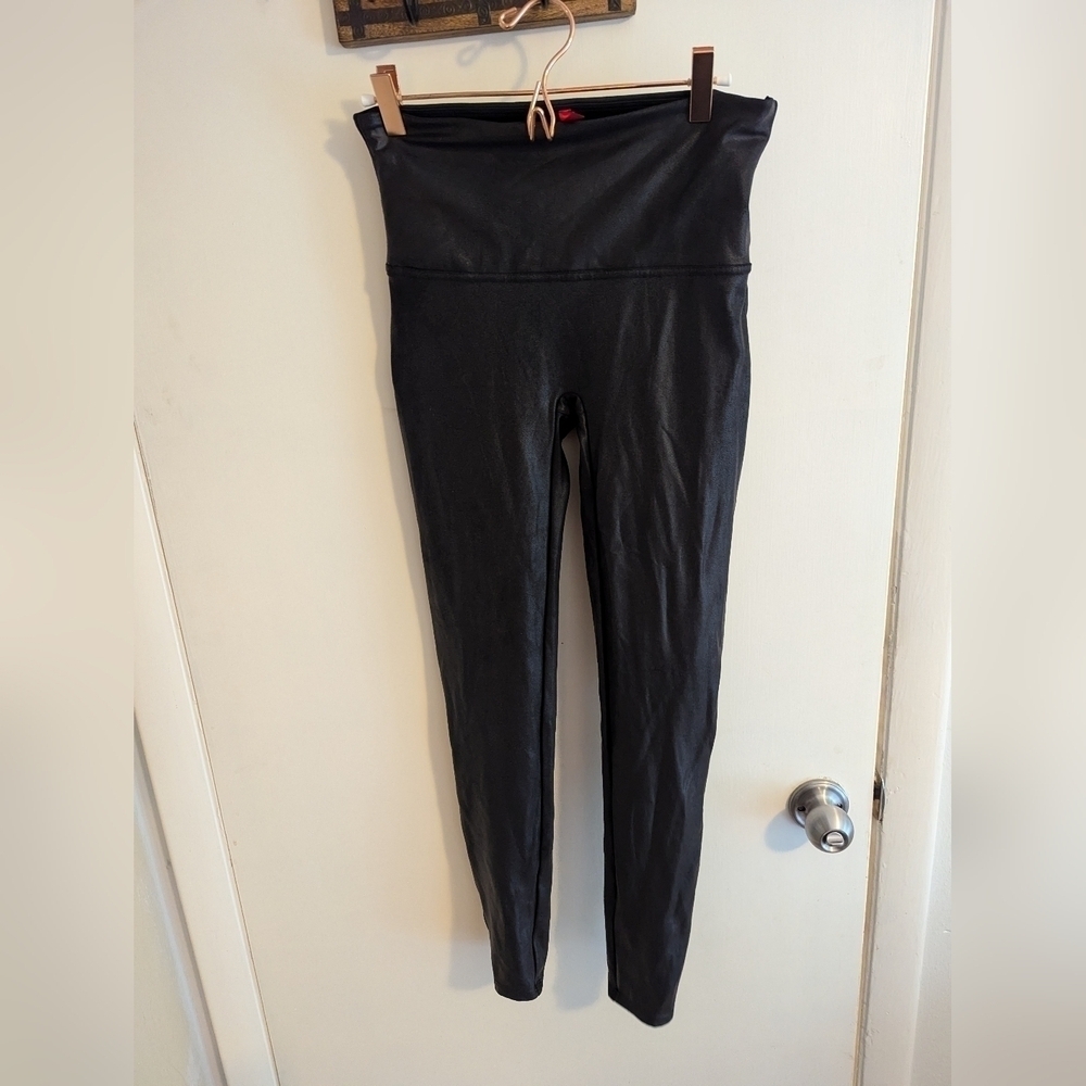 Spanx Womens Leggings Black Faux Leather Shiny Stretch Size Large Pants